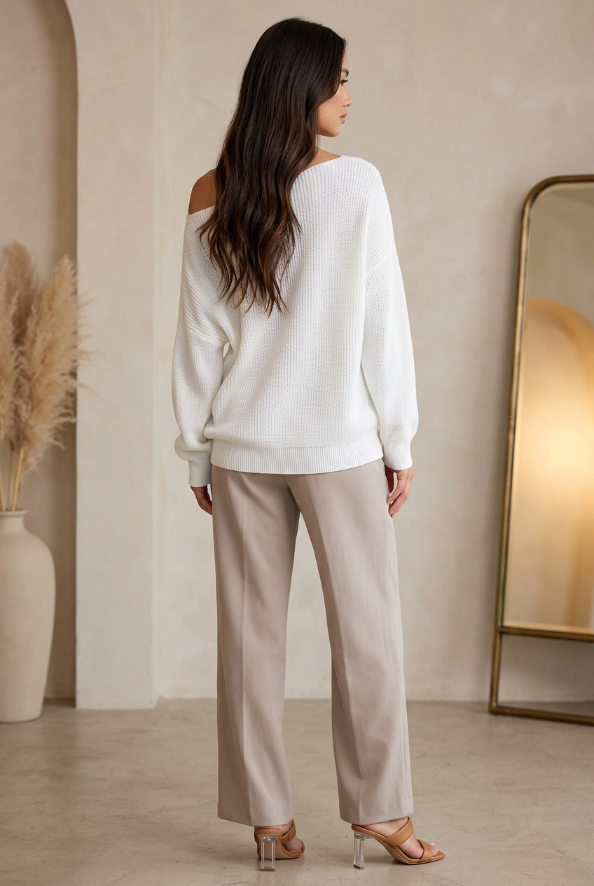 A model is shown from behind wearing a white Asymmetric Neck Drop Shoulder Baggy Sweater and light beige wide-leg trousers, paired with clear-strap high-heeled sandals.