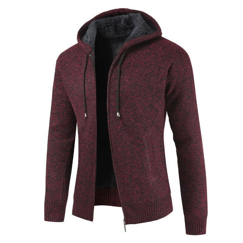 Men's maroon Hooded Fleece Cardigan Coat