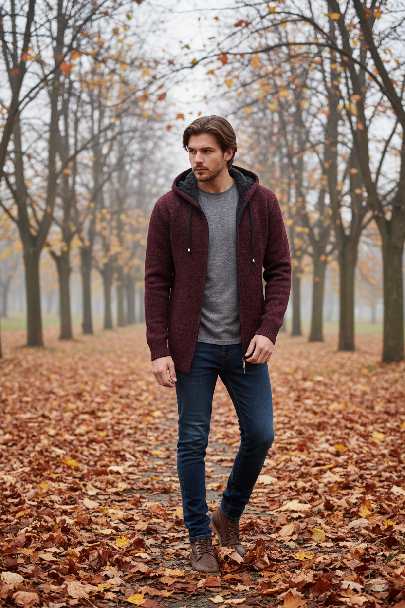 Model wearing a maroon Men's Hooded Fleece Cardigan Coat