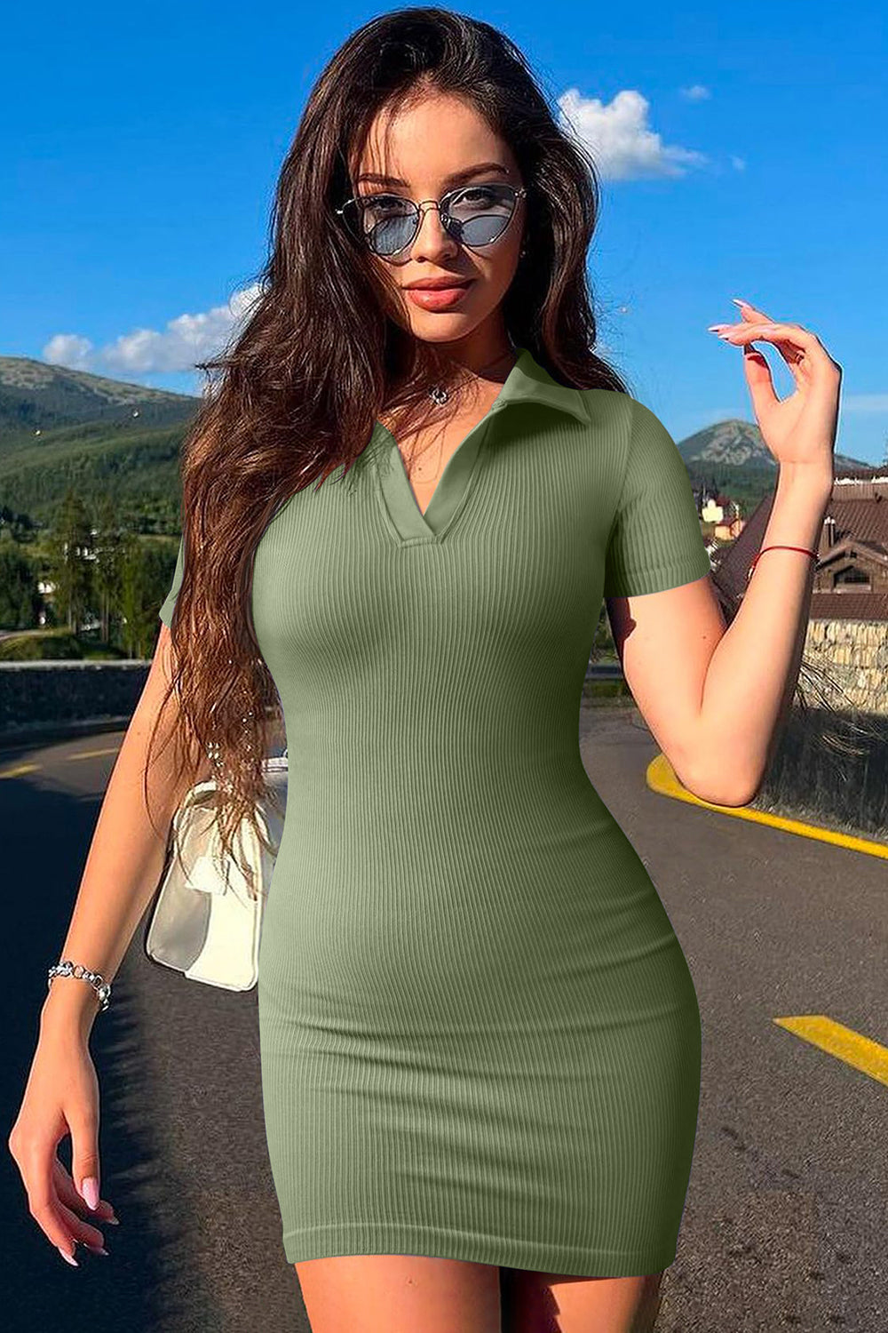 Model wearing a Matcha Chic Johnny Collar Short Sleeve Dress-Front view