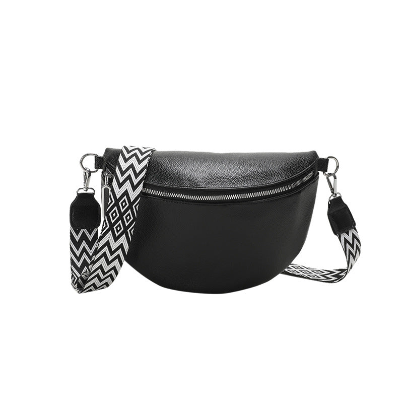 Black waist bag with a zigzag strap on a white background