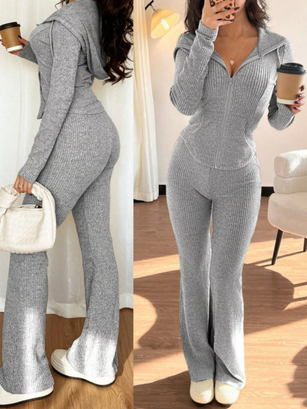 Woman wearing a gray knit outfit with a matching handbag and shoes, holding a coffee cup.