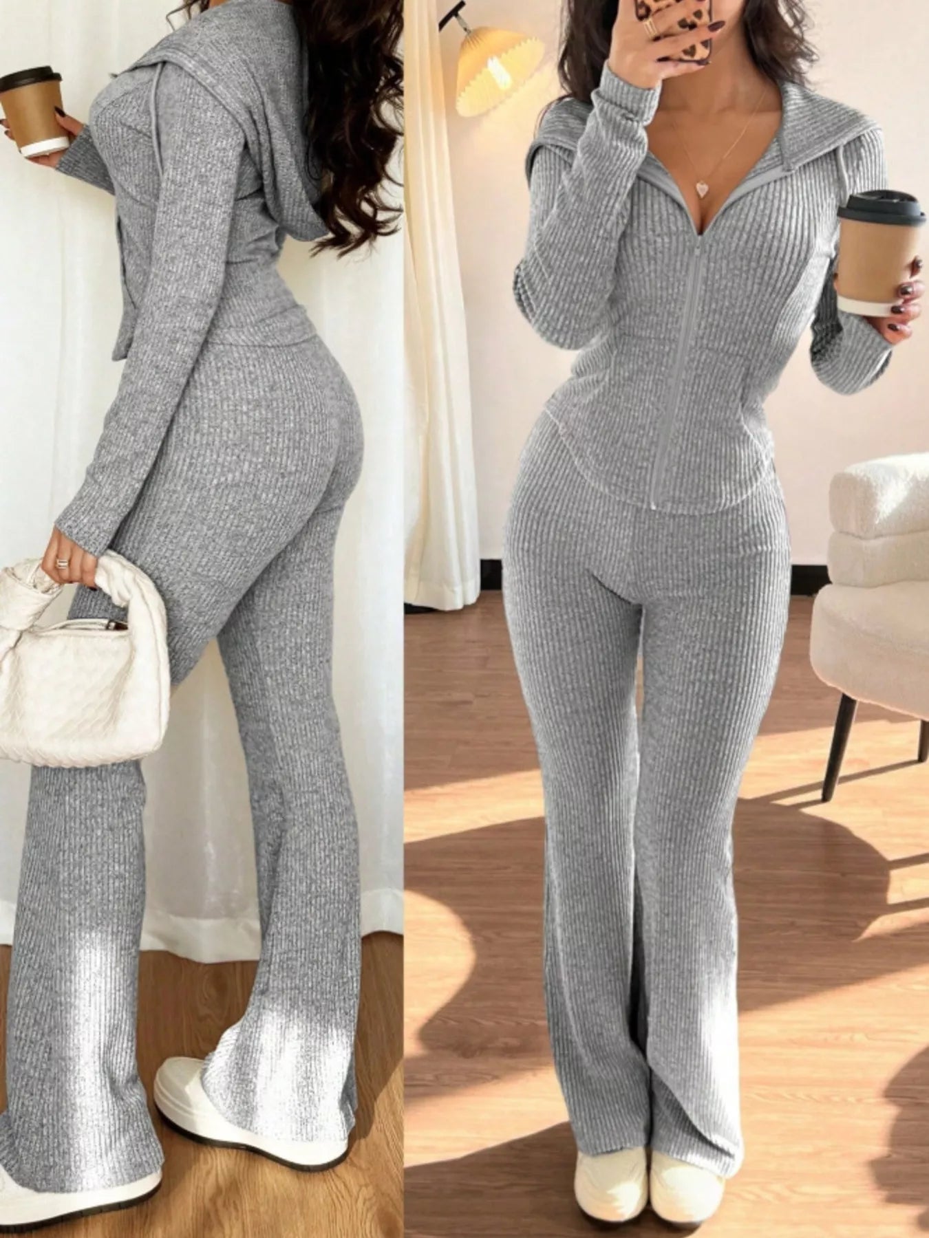 Woman wearing a gray knit outfit with a matching handbag and shoes, holding a coffee cup.