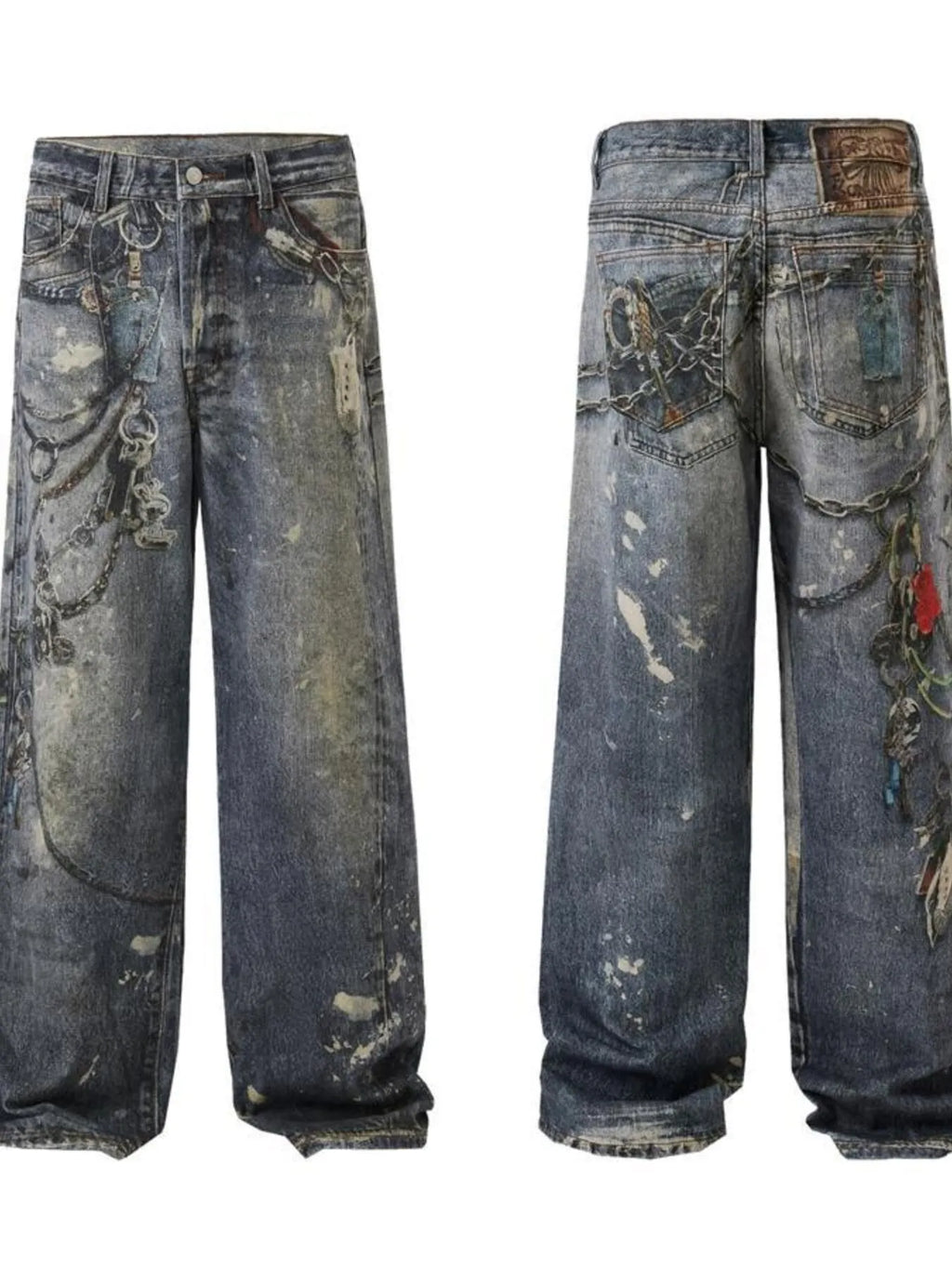  a pair of Modern Men's Distressed Printed Wide Leg Jeans showing front and back view
