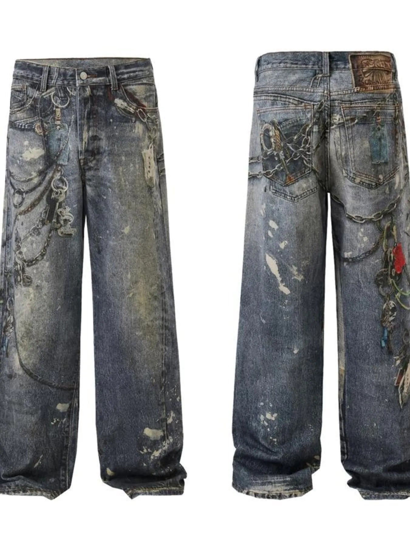  a pair of Modern Men's Distressed Printed Wide Leg Jeans showing front and back view