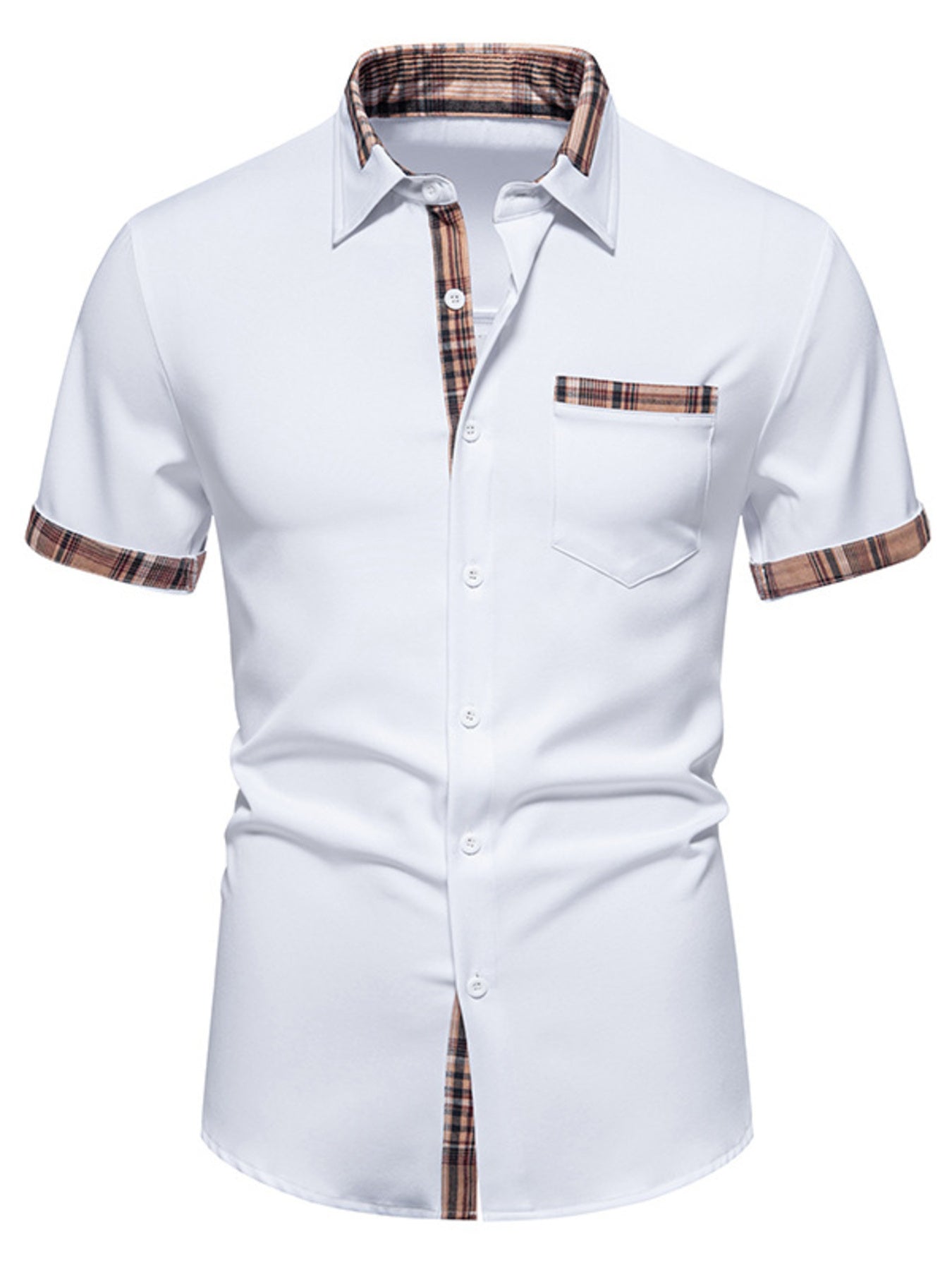 Men's white Short Sleeve Stylish Plaid Trim Button Down Shirt front
