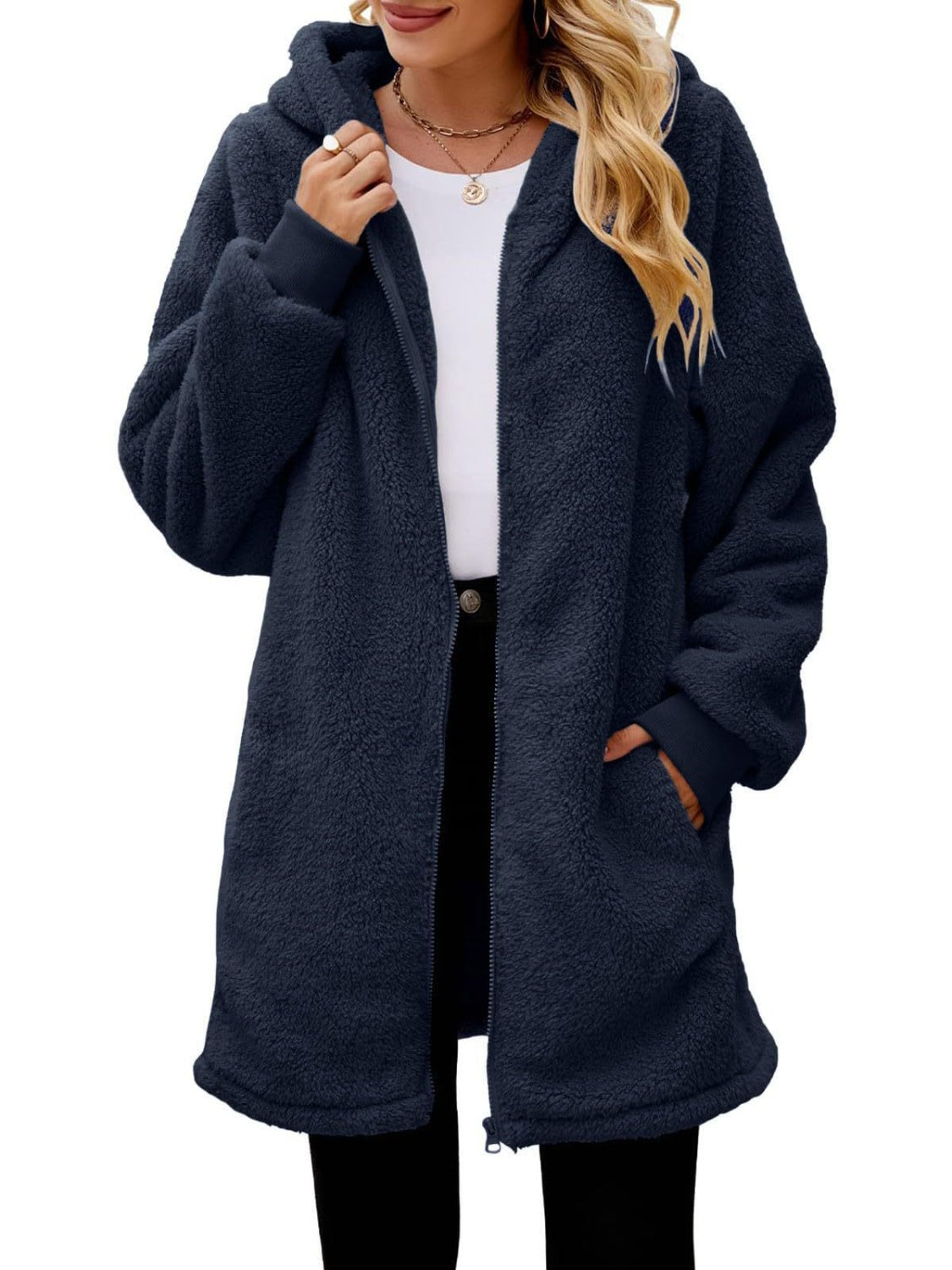 Model wearing a Navy Blue Cozy Women's Fuzzy Pocketed Hooded Jacket