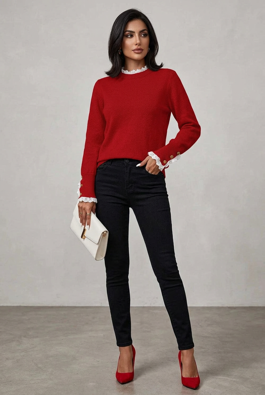 A model modeling a Women's red Lace Trim Buttoned Cuff Sweater with white lace trim at the mock neck and cuffs, paired with black skinny jeans, red heels, and holding a white clutch bag.
