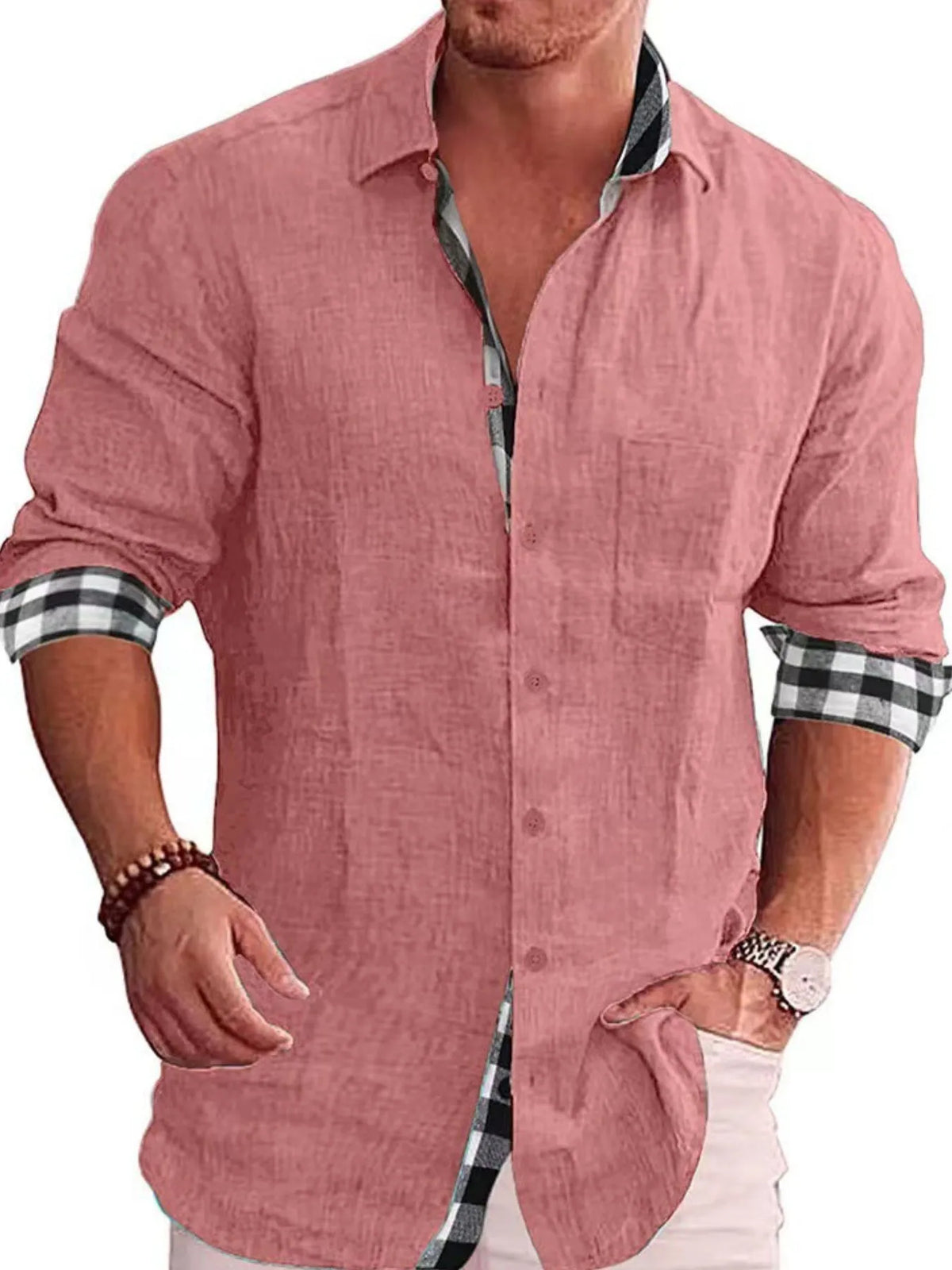 Male model wearing a dust pink Casual Linen Plaid-Trim Button Down Shirt