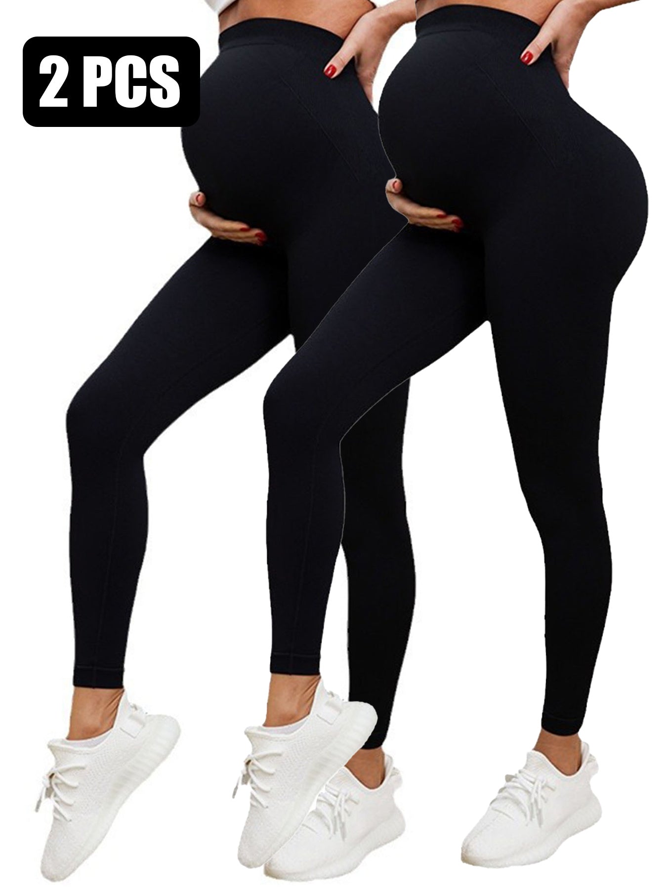 Two pairs of black leggings worn by models on a white background with '2 PCS' text.