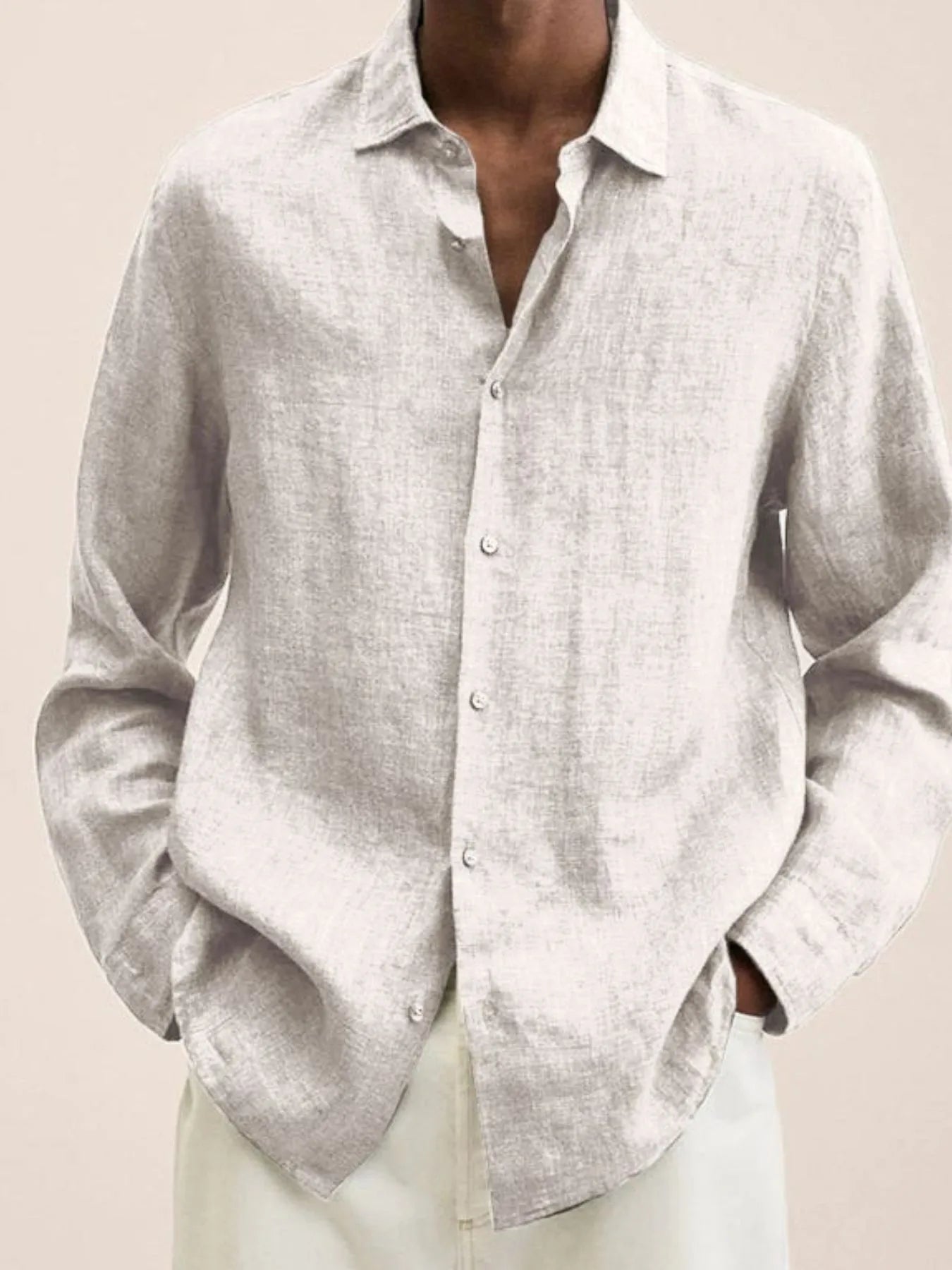  Model wearing a Men's Urban Casual white Button-Down Long Sleeve Shirt 