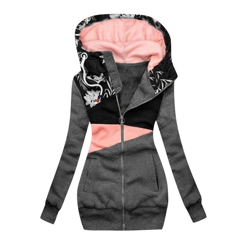 Vibrant Mosaic Mastery: Color-Block Hooded Full-Zip Jacket for Effortless Elegance