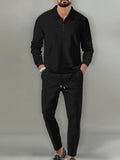 Model wearing Men's black Casual Lounge Wear Top and Pants Set 