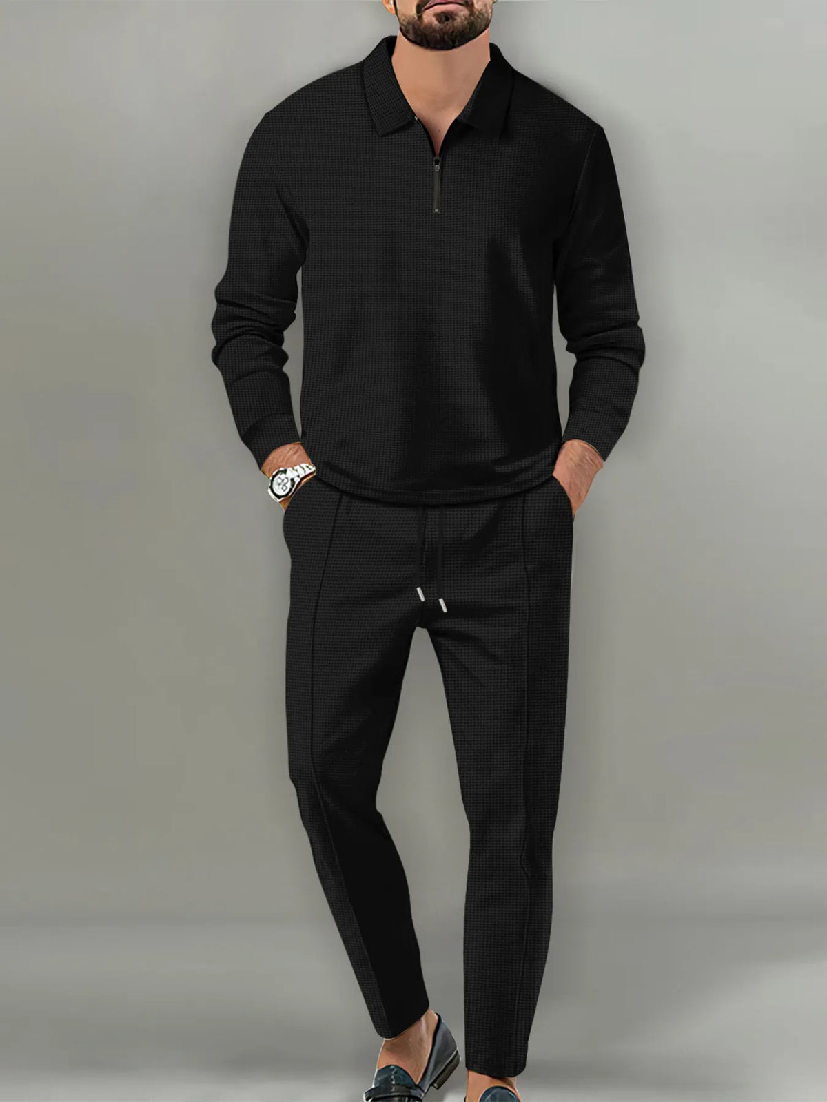 Model wearing Men's black Casual Lounge Wear Top and Pants Set 