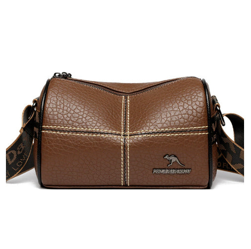 Brown leather handbag with visible brand logo on a white background