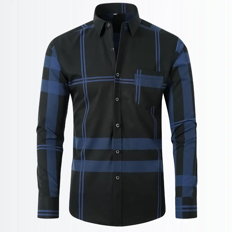 Men's Dark Blue Plaid Geometric Long Sleeve Shirt
