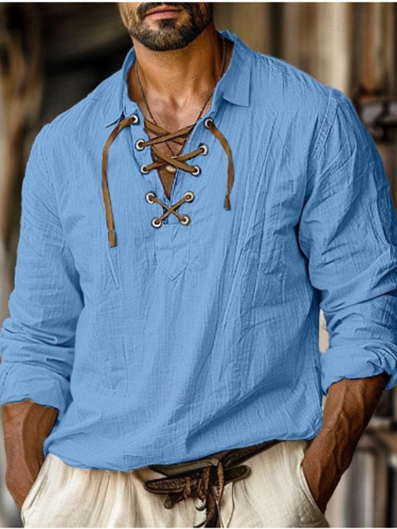 Men's Heritage Lace-Up Henley Long Sleeve Shirt sky blue