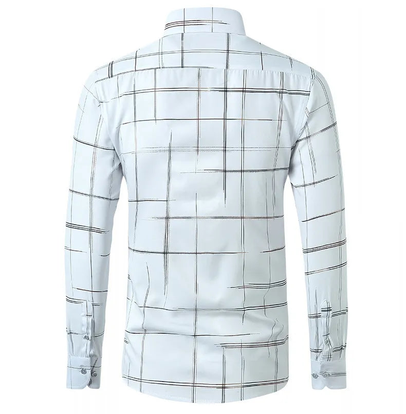 Men's White Plaid Geometric Long Sleeve Shirt back view