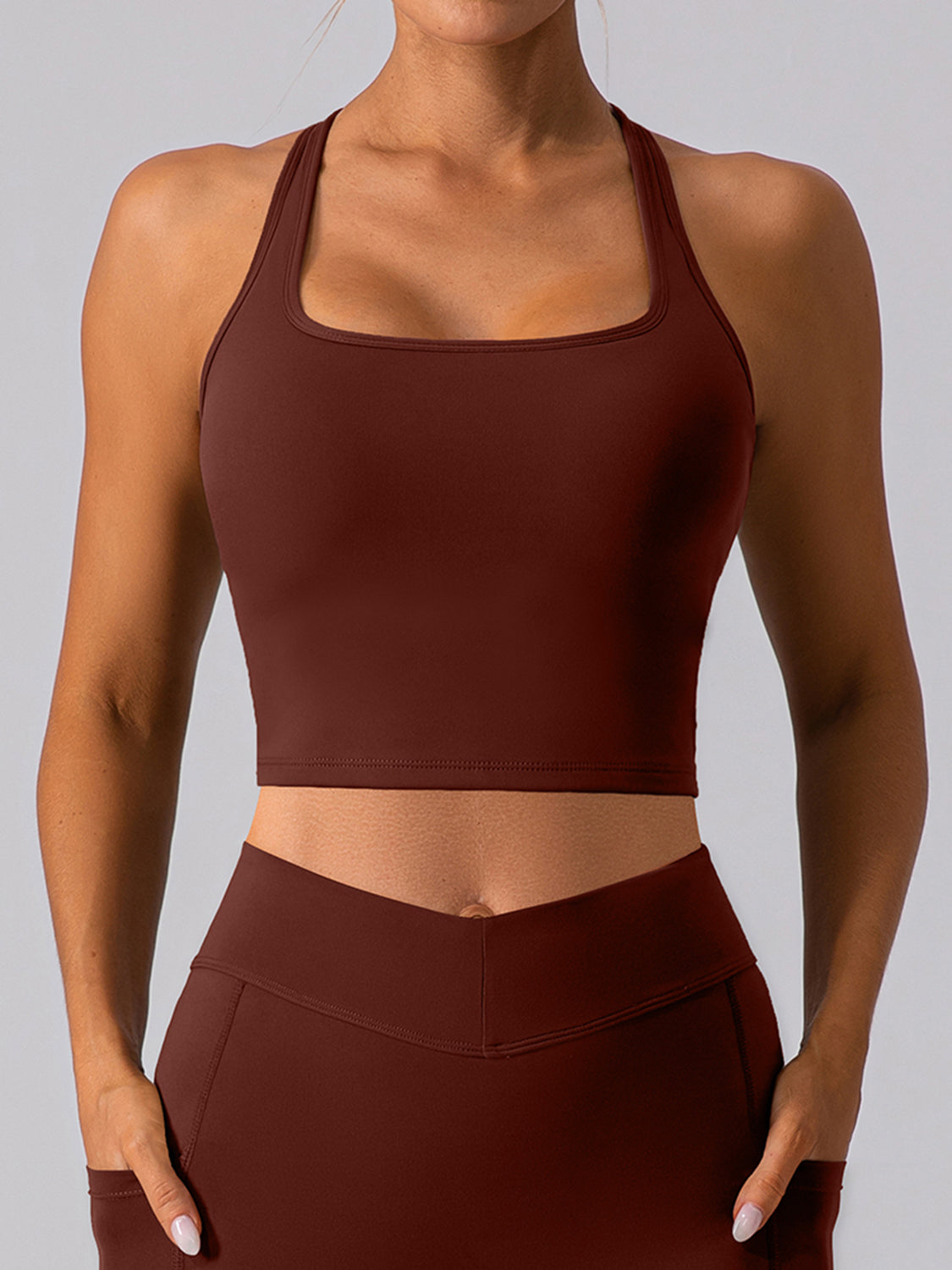 Ladies Brown Supportive Performance Racerback Cropped Tank-front view