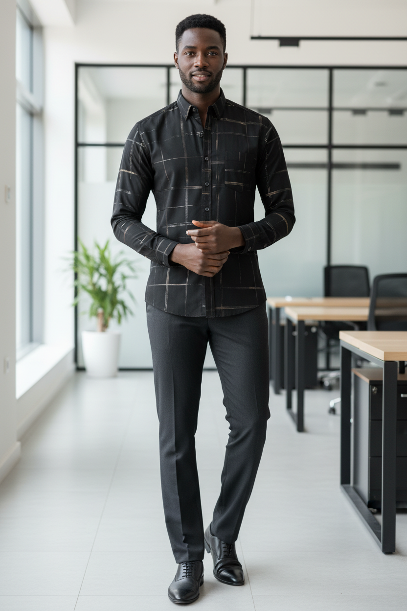 Male model wear a black and gold Sharp Geometric Long Sleeve Shirt for Men