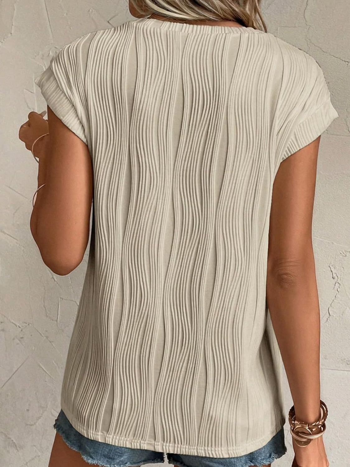 Back view of Women's Dust Storm Textured Round Neck Cap Sleeve T-Shirt