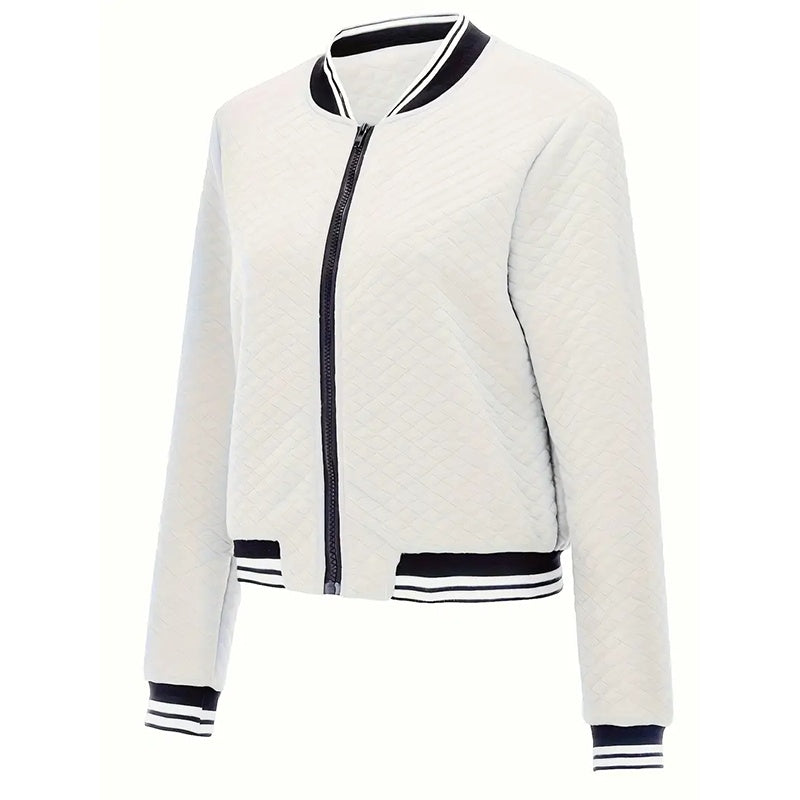 White bomber jacket with black accents on a white background