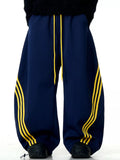 Men's navy blue Baggy Wide-Leg yellow Striped Joggers front view