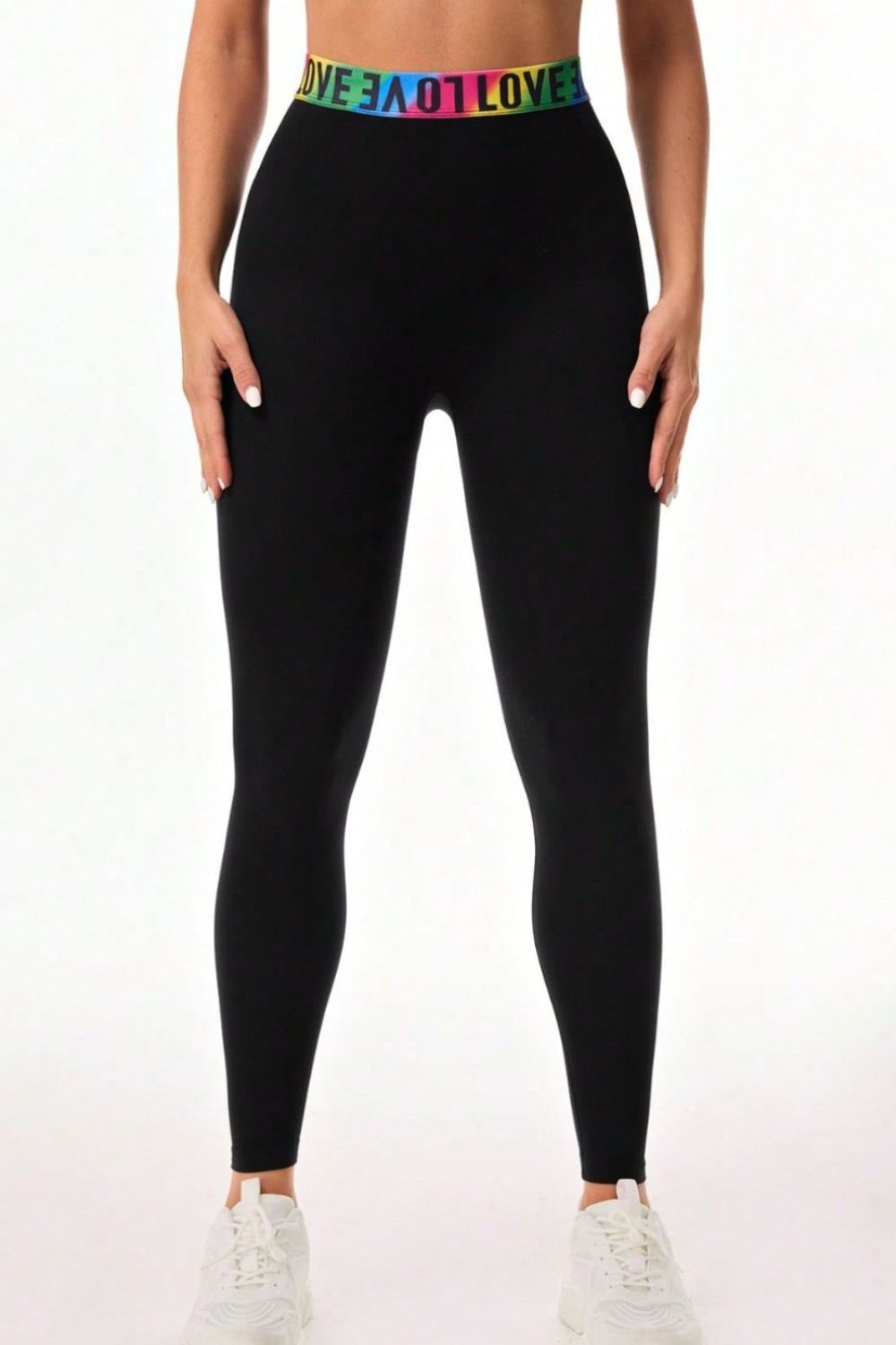 Front view-Chic High "Love" Printed Waist Ban Black Leggings