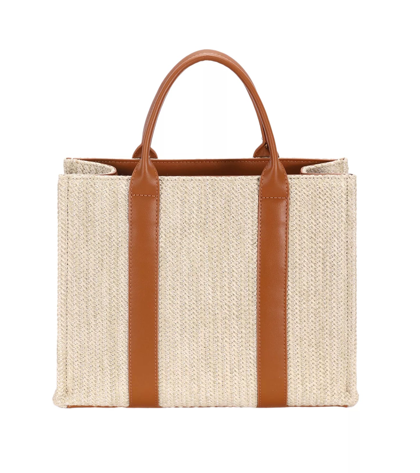 Tote bag with brown leather straps on a white background