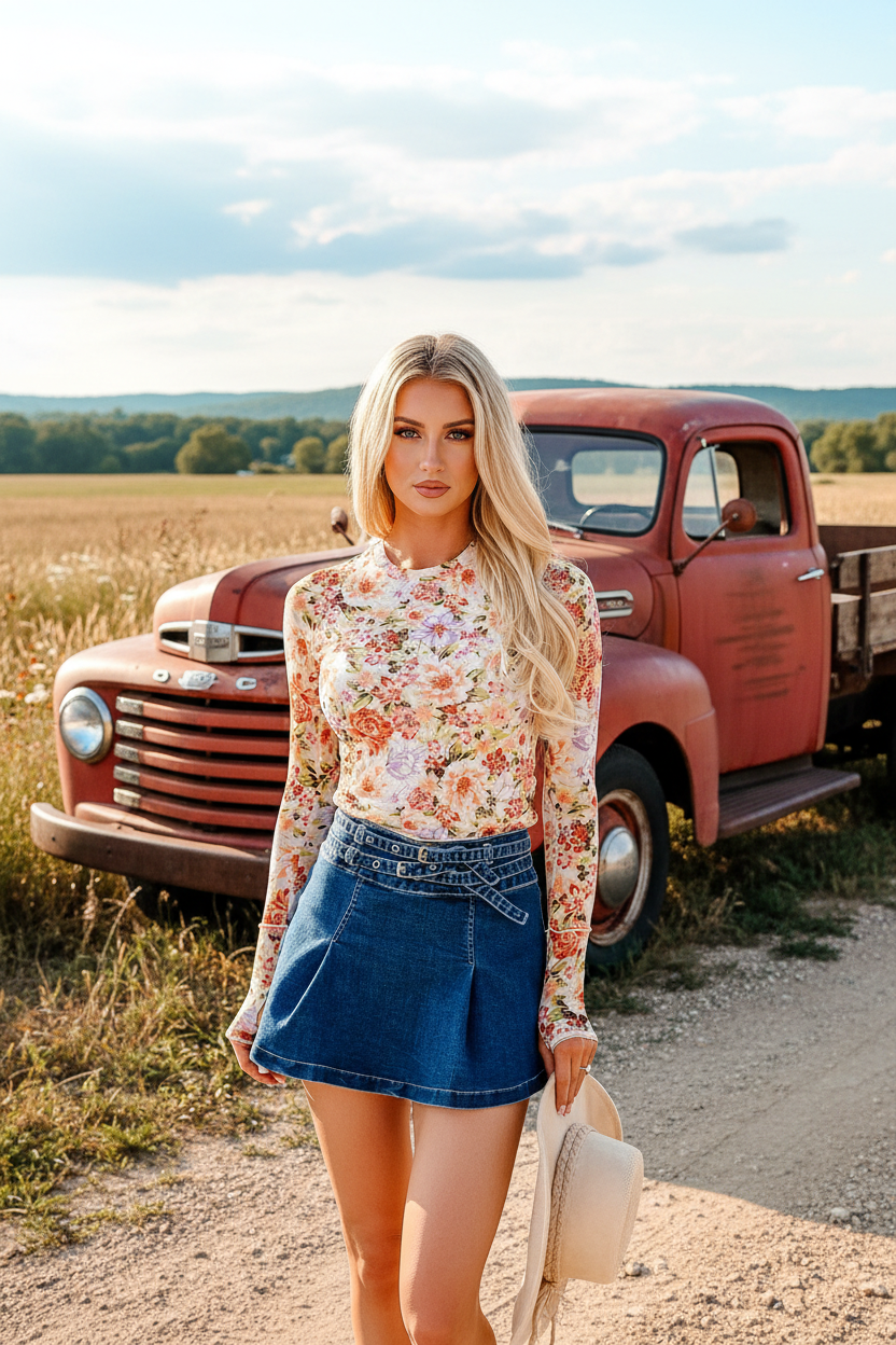 A woman stands outdoors in front of a vintage red pickup truck, wearing a Chic Multicolour Floral Mesh Thumbhole Slim Top and a blue denim mini skirt, while holding a light-colored hat.
