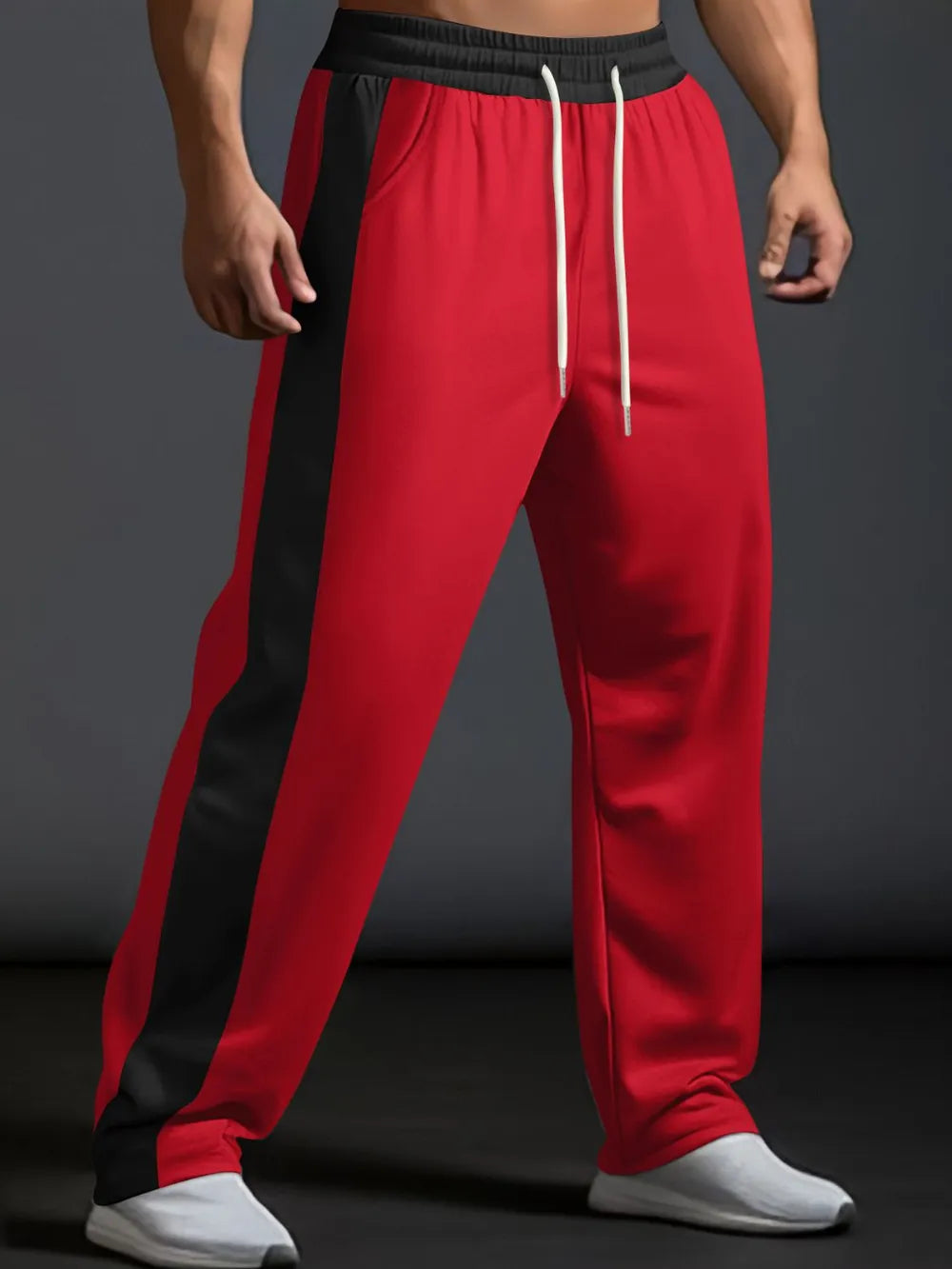 Men's Red Drawstring Contrast Wide Leg Joggers 