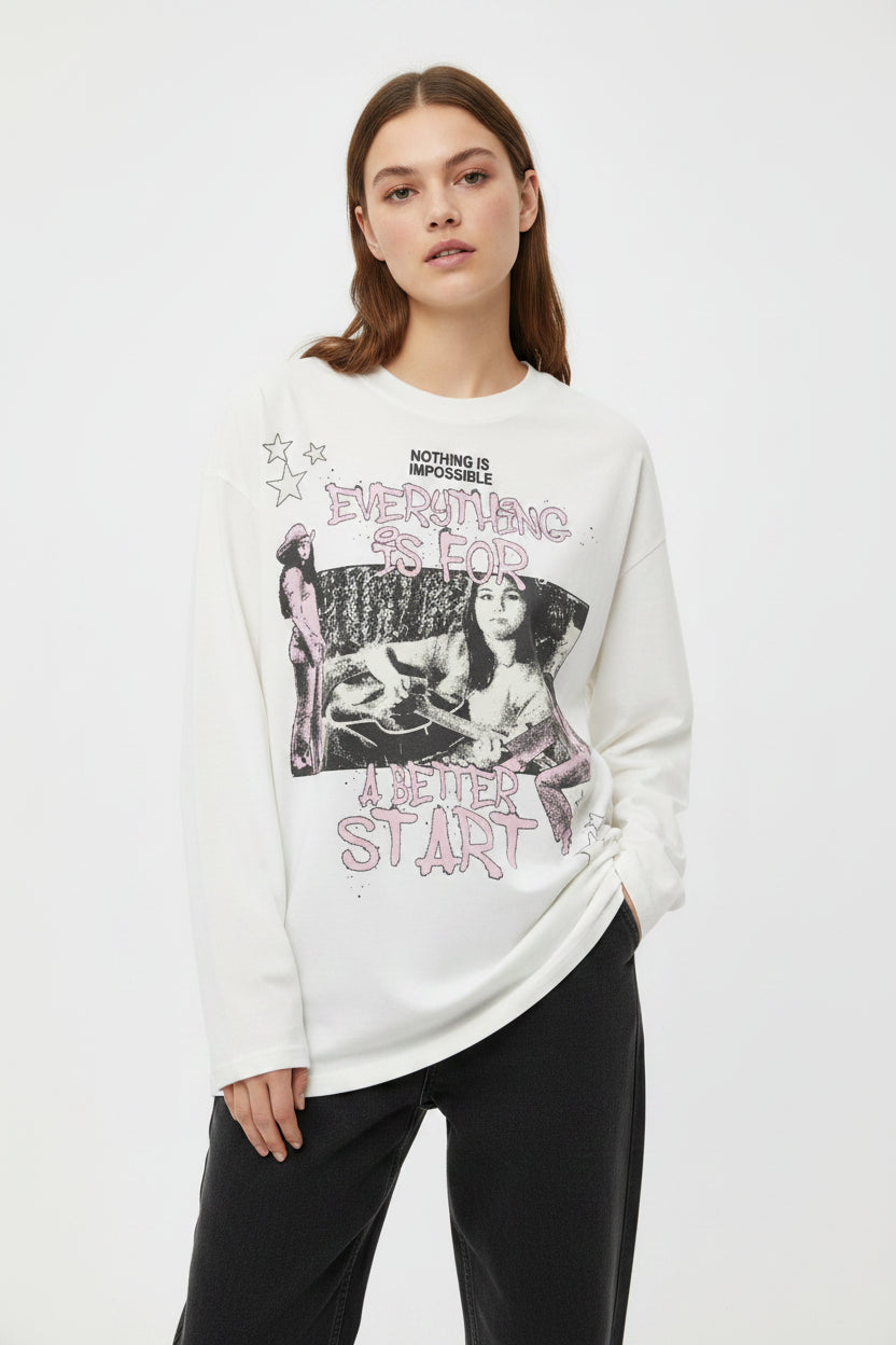 Female model wearing a white Fierceguy Unisex "Better Start" Graphic Long Sleeve T-Shirt