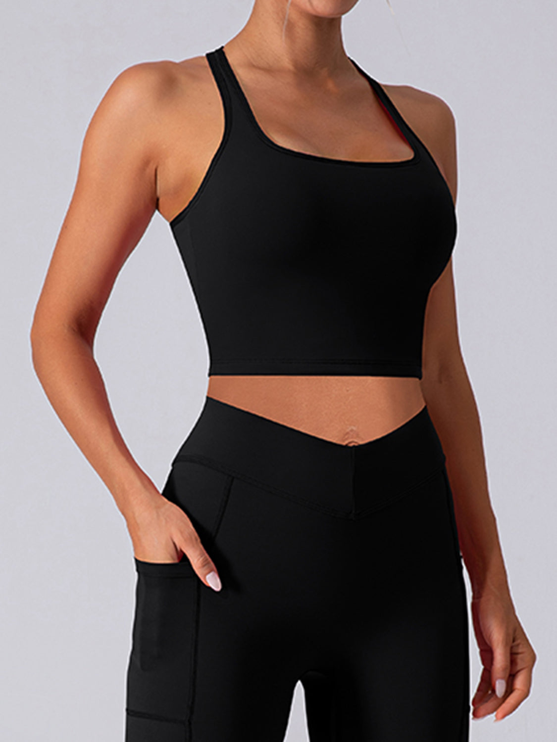 Ladies Black Supportive Performance Racerback Cropped Tank-front view