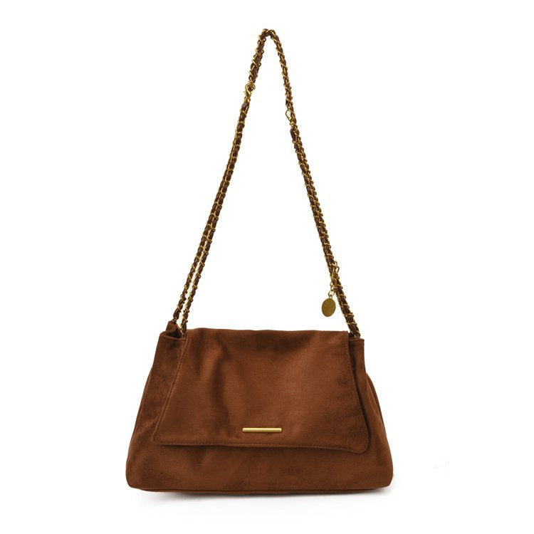 Brown handbag with a chain strap on a white background