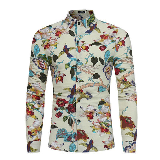 Men's casual shirt with creamy-white background and colorful hummingbird and floral print