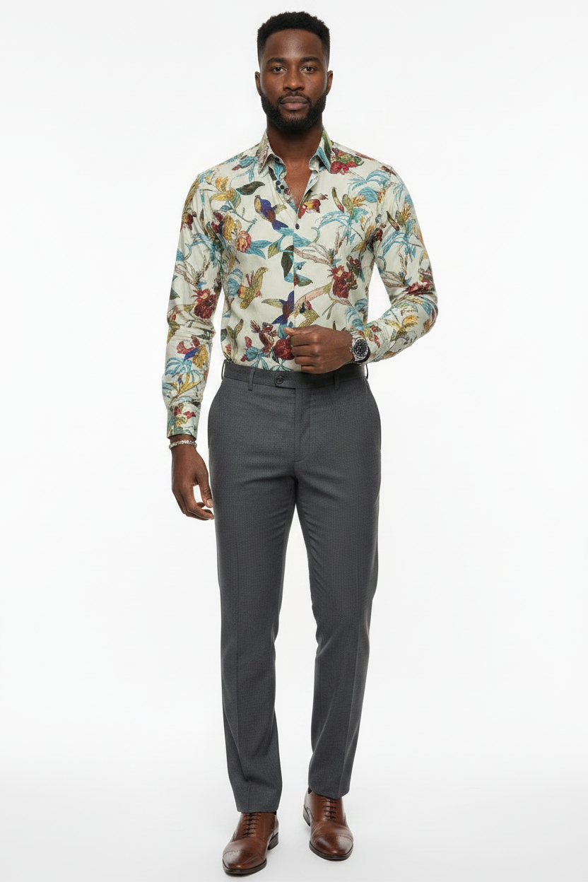 Elegant Hummingbirds and Flowers Print Men's Casual Button Down Shirt