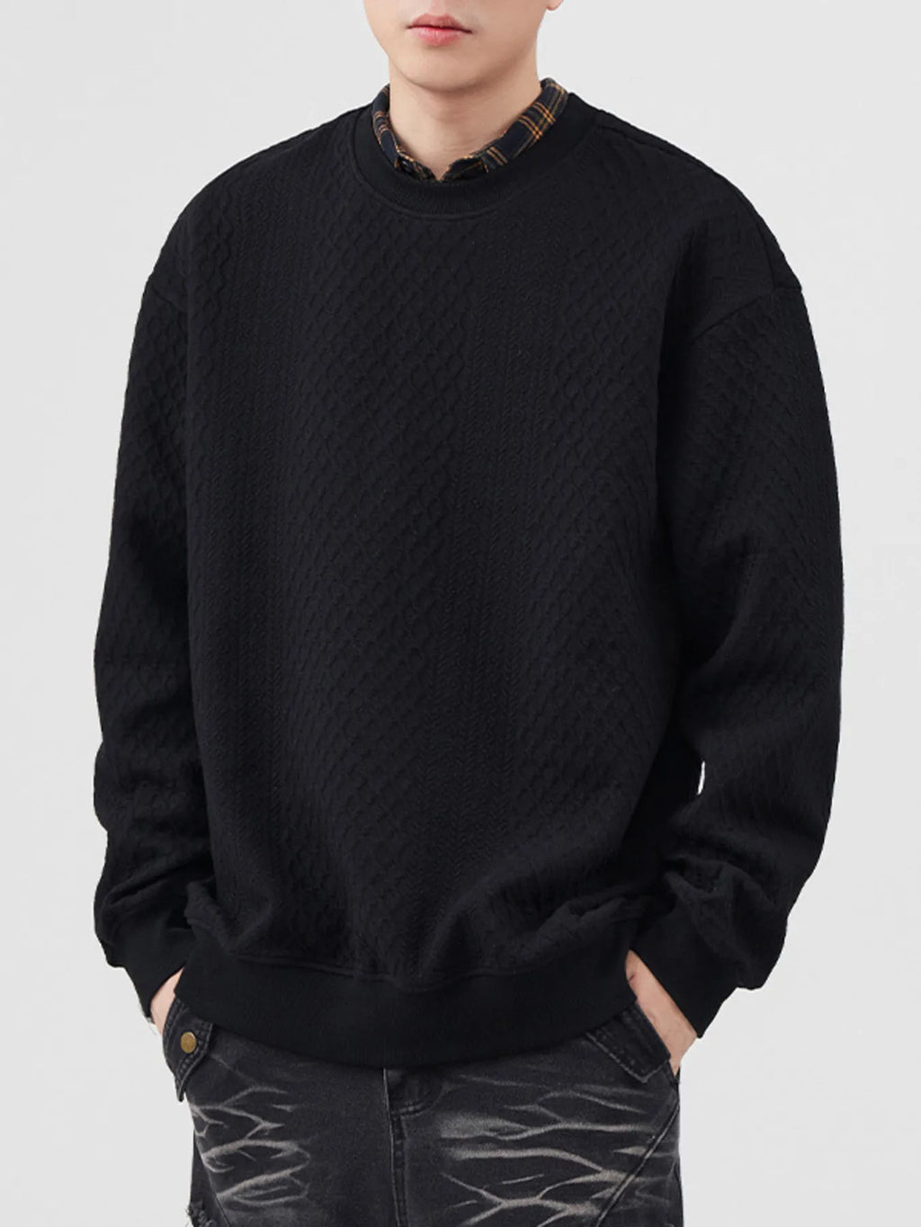 Model wearing Men's Black Waffle Knit Sweatshirt