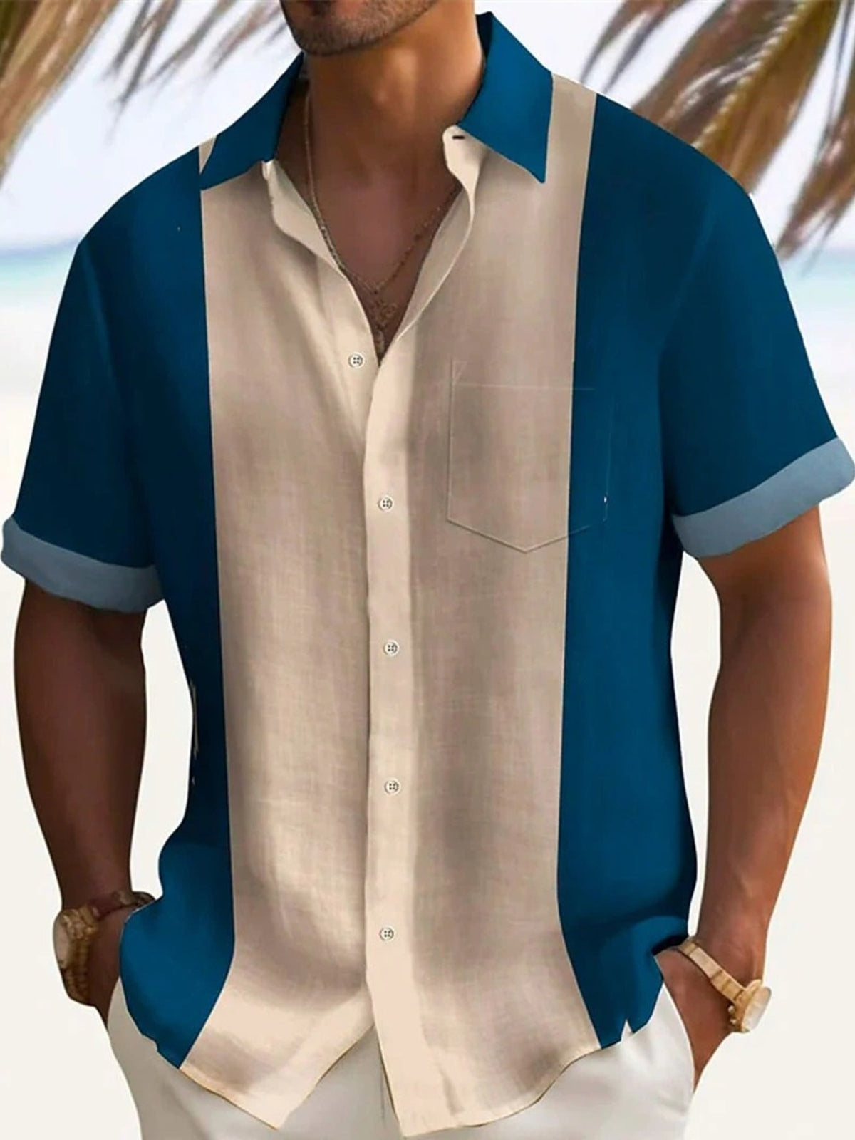 Model wearing a Men's Retro Color Block Vibe dark blue Shirt