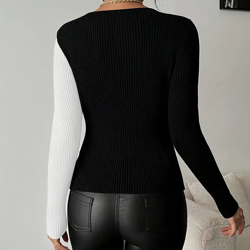 Geometric Grace: V-Neck Cross-Front Color Block Sweater for Layered Elegance