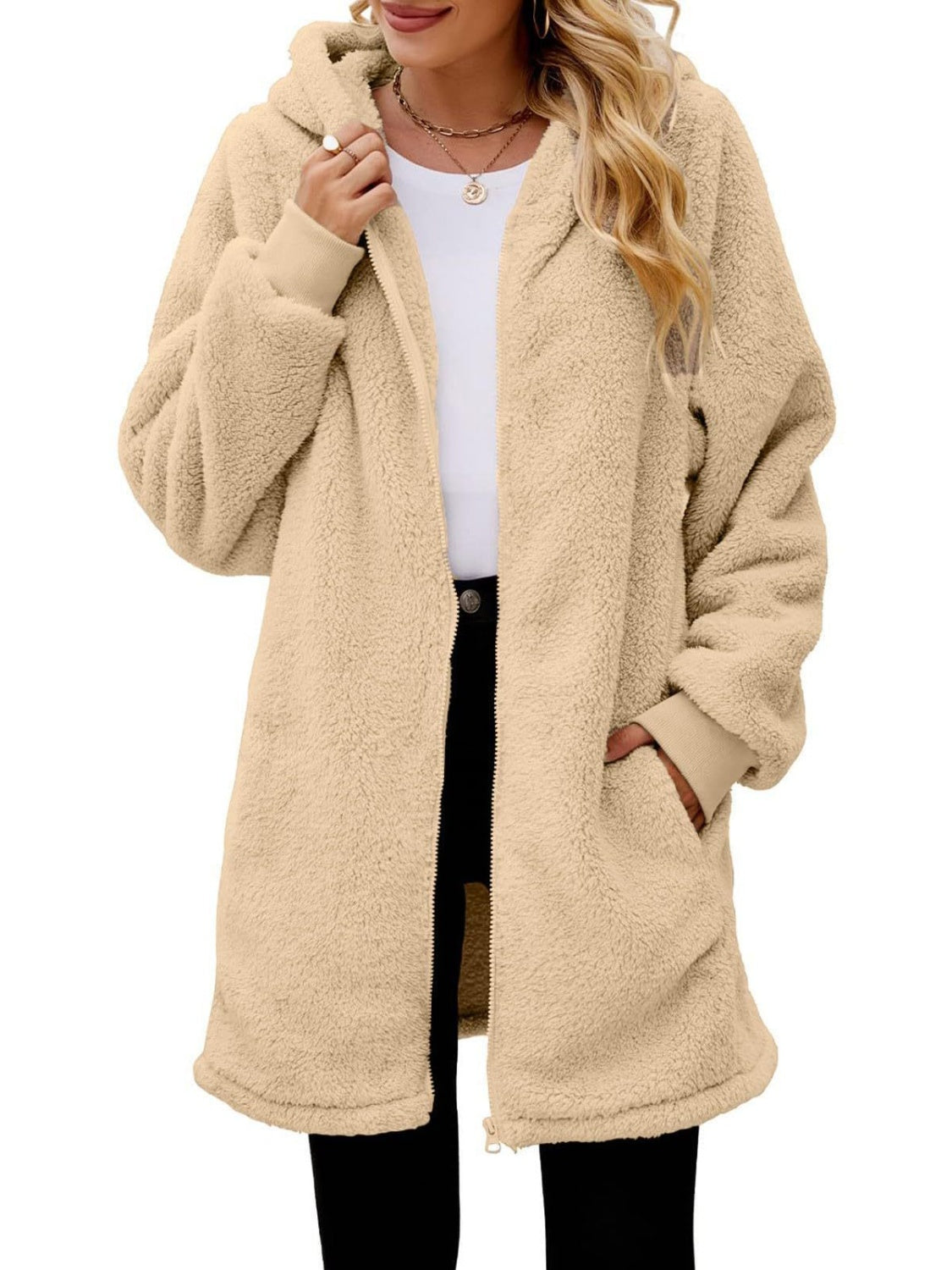 Model wearing a Tan Cozy Women's Fuzzy Pocketed Hooded Jacket