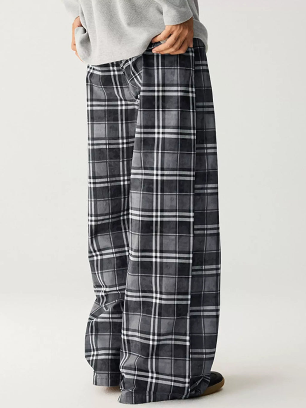 Men's Grey Casual Relaxed Plaid Wide Leg Pants back view