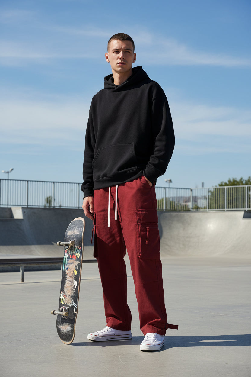 Male model wearing Maroon cargo pants with drawstring holding a skateboard 