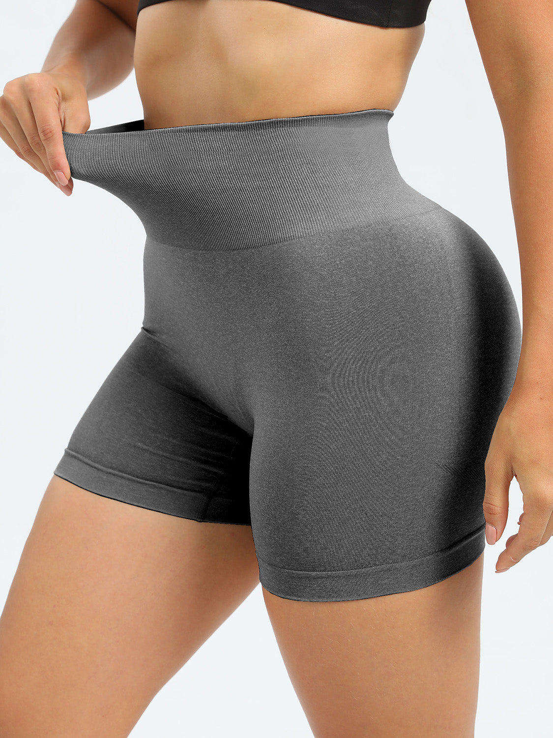 Women's Mid-Thigh High Waist Active Gray Shorts-waist stretch view