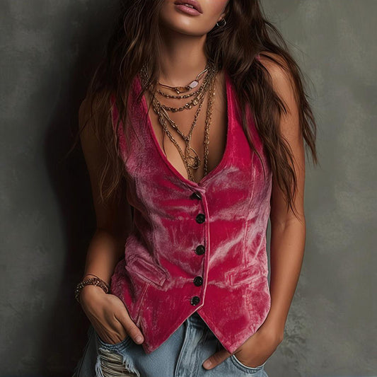 Velvet Nomad: Bohemian V-Neck Button-Down Sleeveless Vest for Effortless Layering