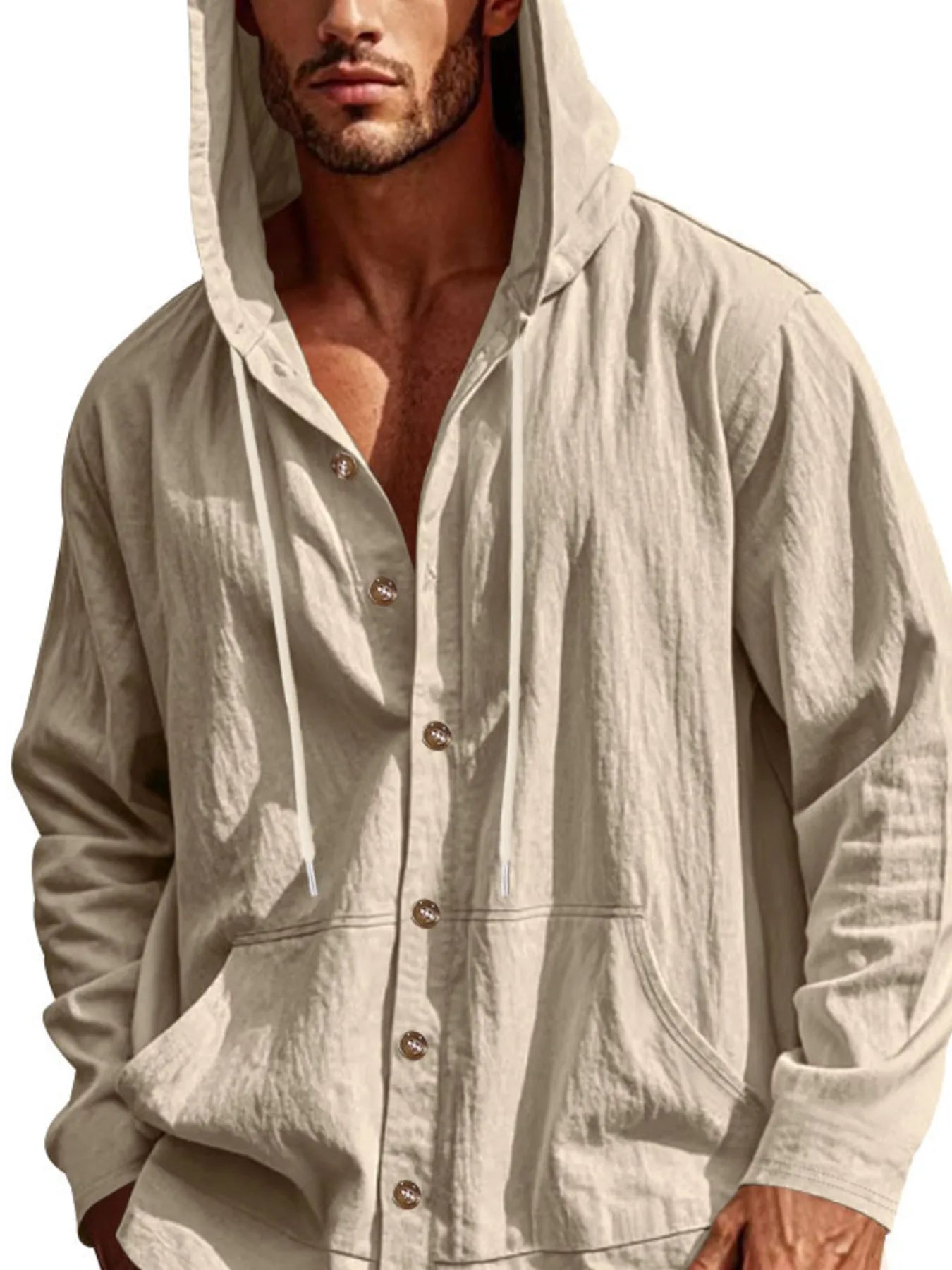 Men's Apricot colored Button Up Drawstring Hooded Top 