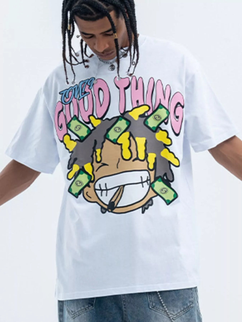 Model wearing a white fierceguy "Good Thing" graphic t-shirt