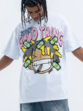 Model wearing a white fierceguy "Good Thing" graphic t-shirt