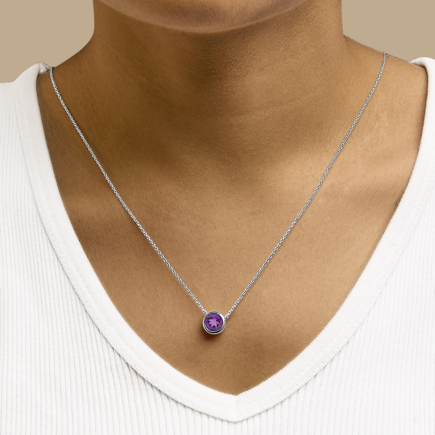 .925 Sterling Silver 7MM Bezel Set Created Gemstone Pendant Necklace - 18 Inches