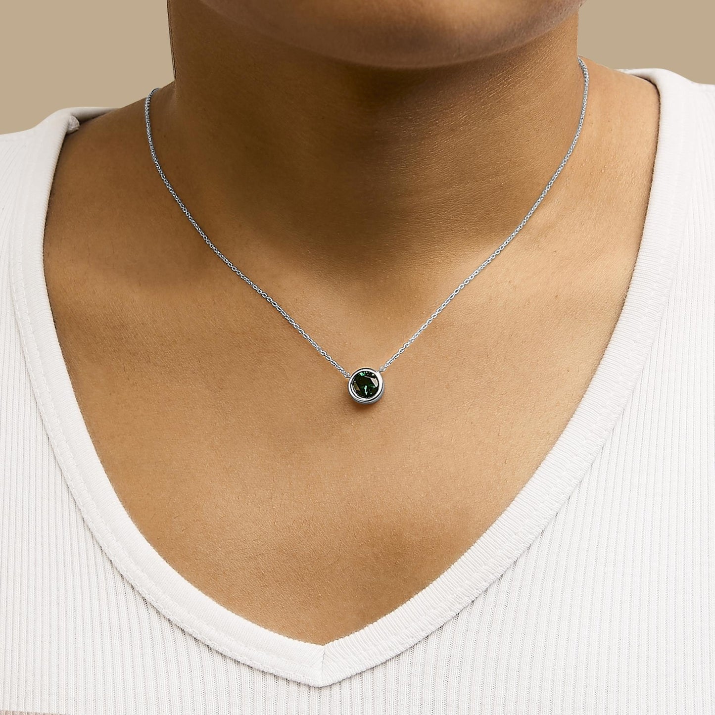 .925 Sterling Silver 7MM Bezel Set Created Gemstone Pendant Necklace - 18 Inches