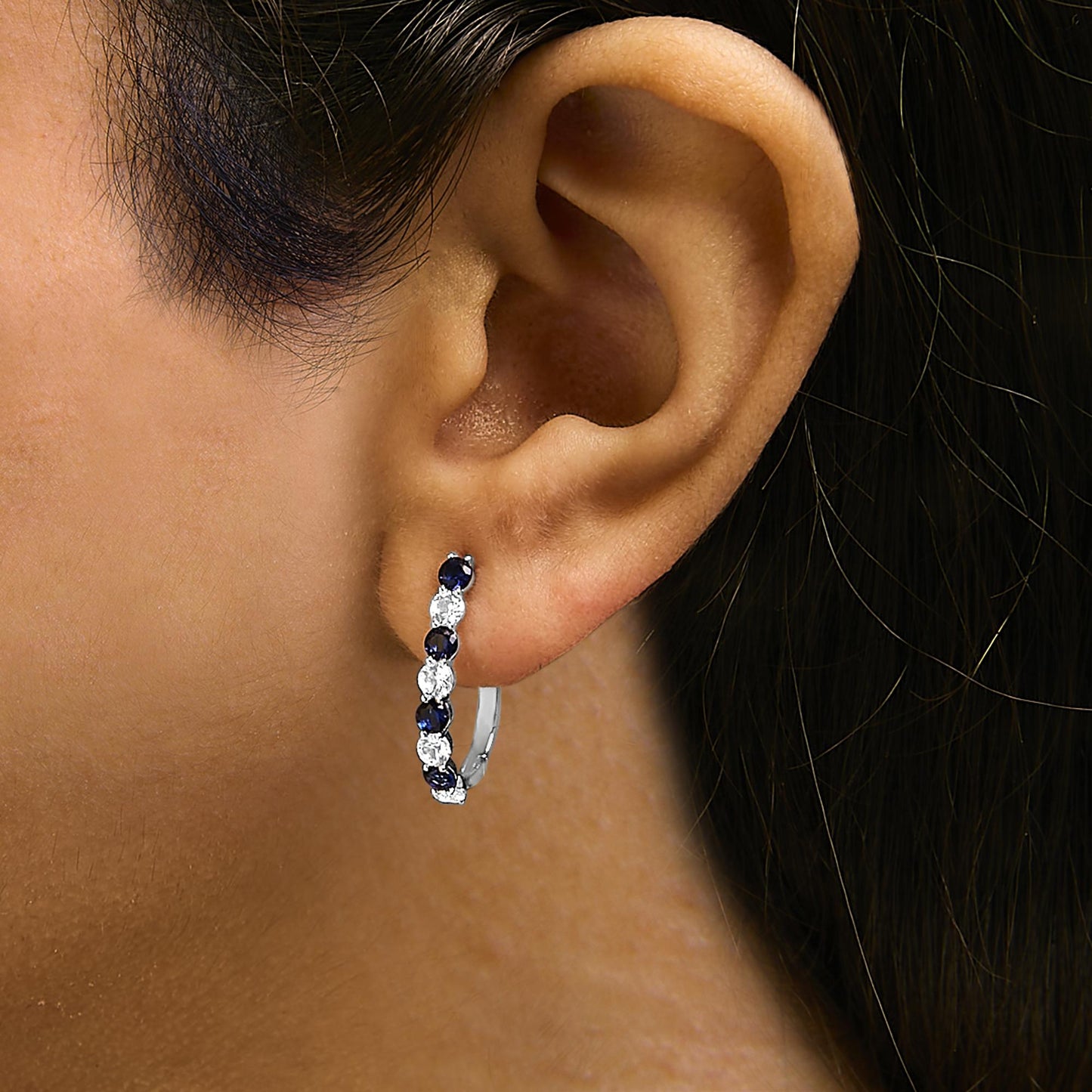 .925 Sterling Silver Created Blue and White Sapphire Hoop Earrings